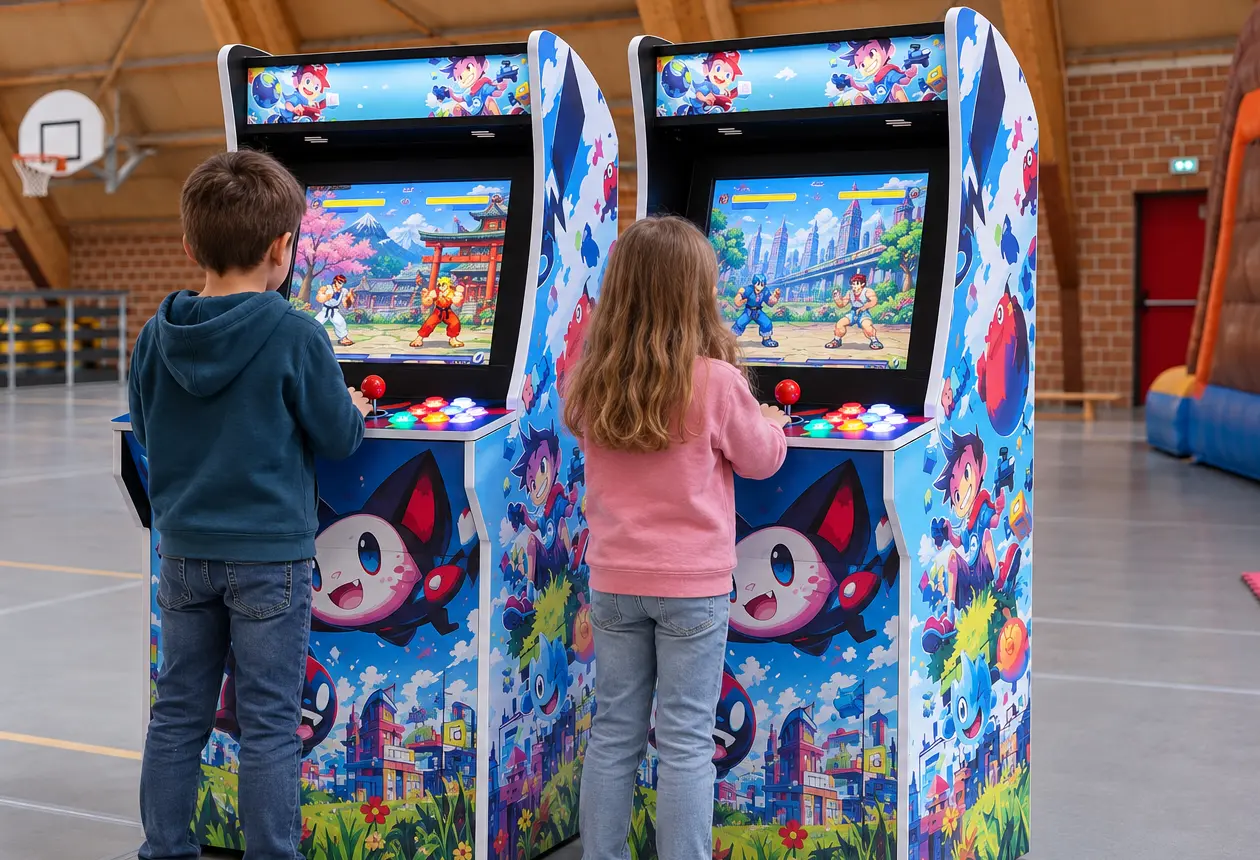 Deux enfants jouent sur des bornes d'arcade