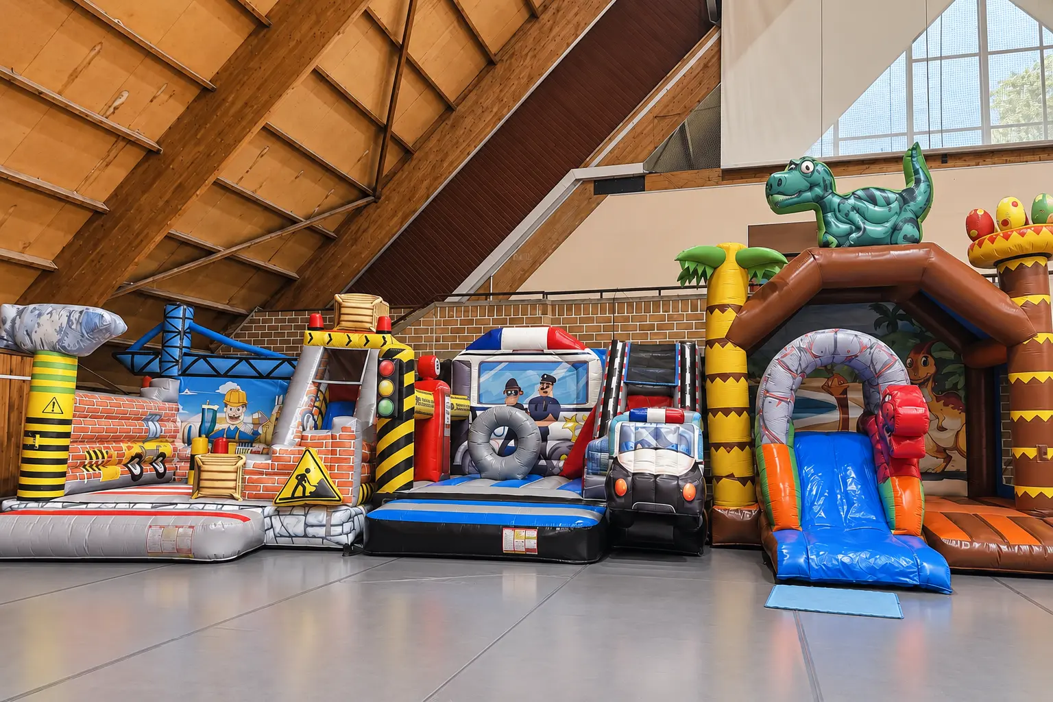 Une rangée de structures gonflables installées sous la charpente d'une salle de sport