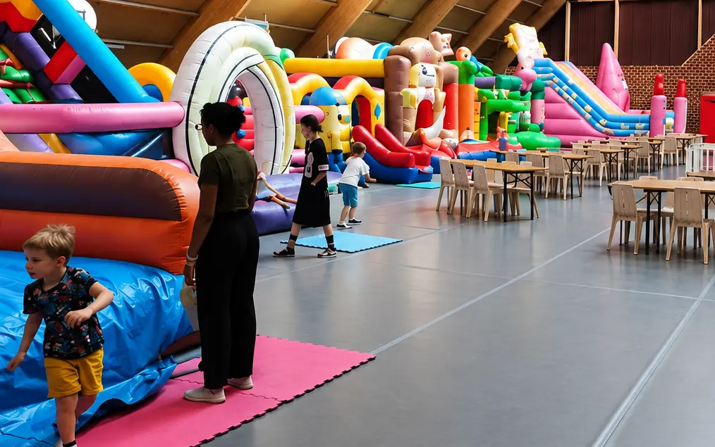 Des enfants jouent au pied d'une longue rangée de structures gonflables